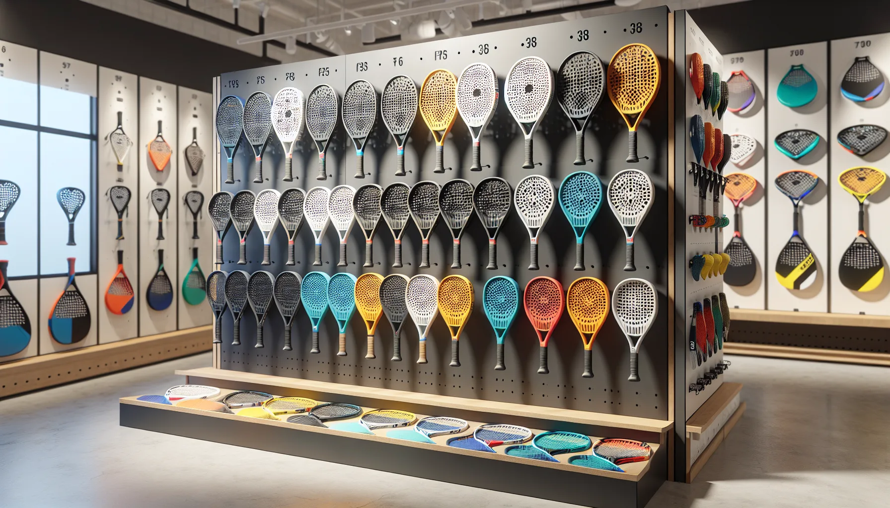 Budget padel rackets displayed on a sports shop wall rack