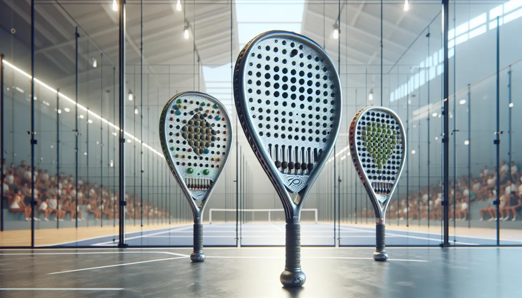 Three budget padel rackets with solid perforated faces on a padel court