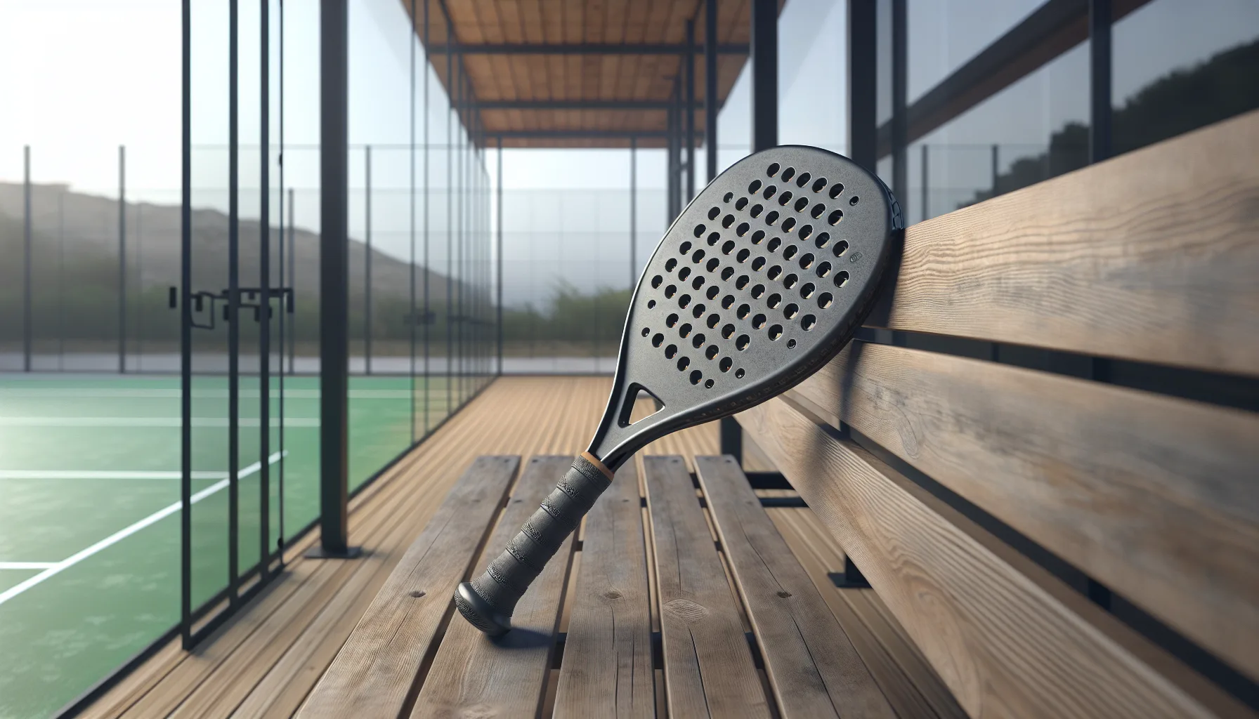 Round padel racket with solid perforated face resting on court bench
