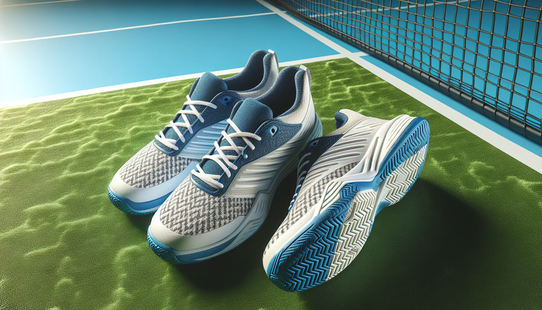 Court sport shoes with herringbone sole on padel court grass