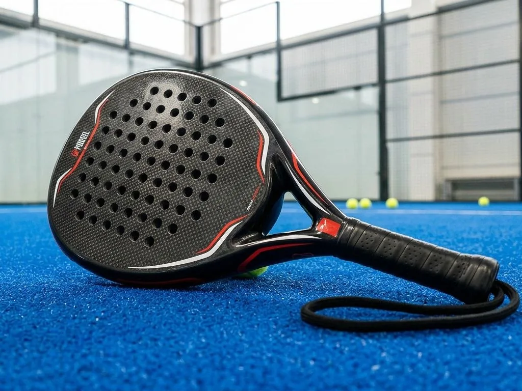 Padel racket with grip and wrist strap lying on a blue padel court