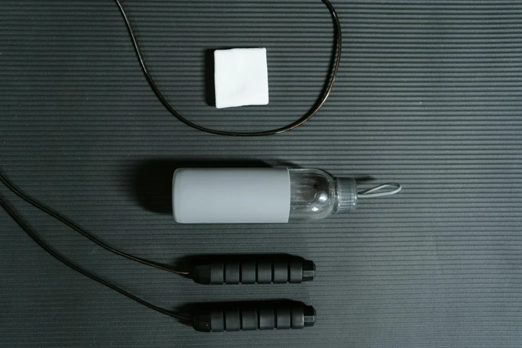 Sports accessories and fitness items laid out
