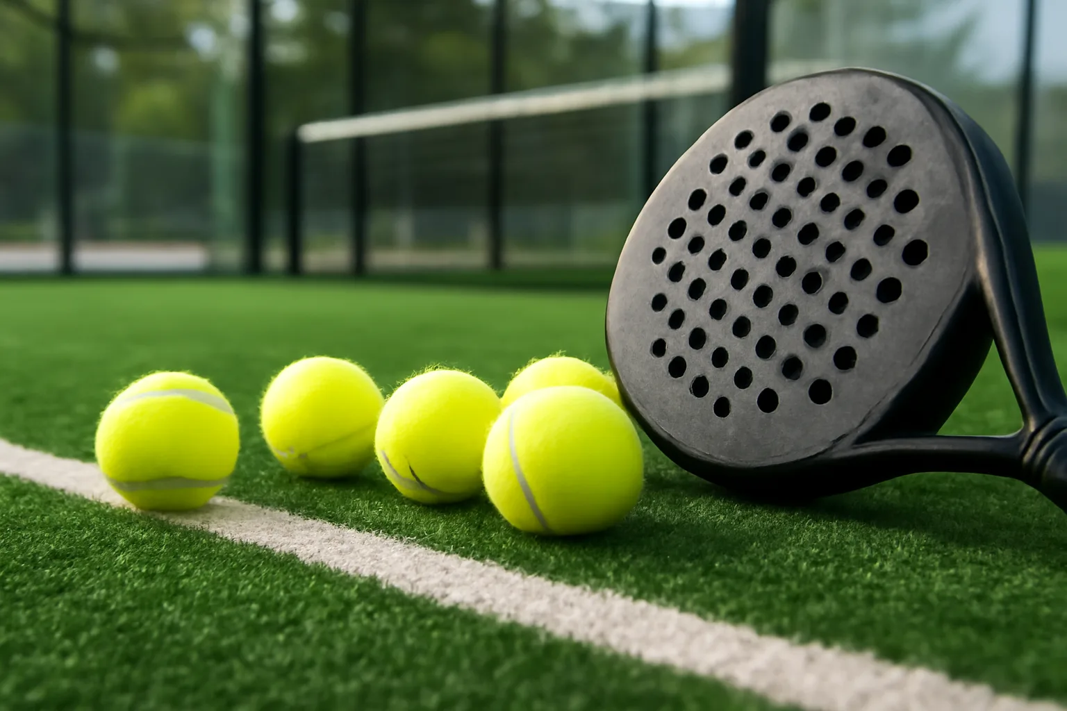 Padel balls beside a perforated padel racket on an enclosed glass-walled court