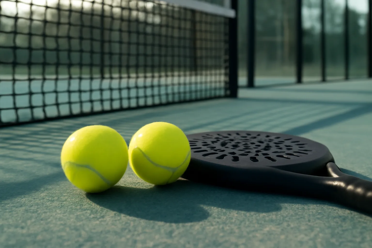 Padel balls beside a padel racket on court for checking bounce and pressure