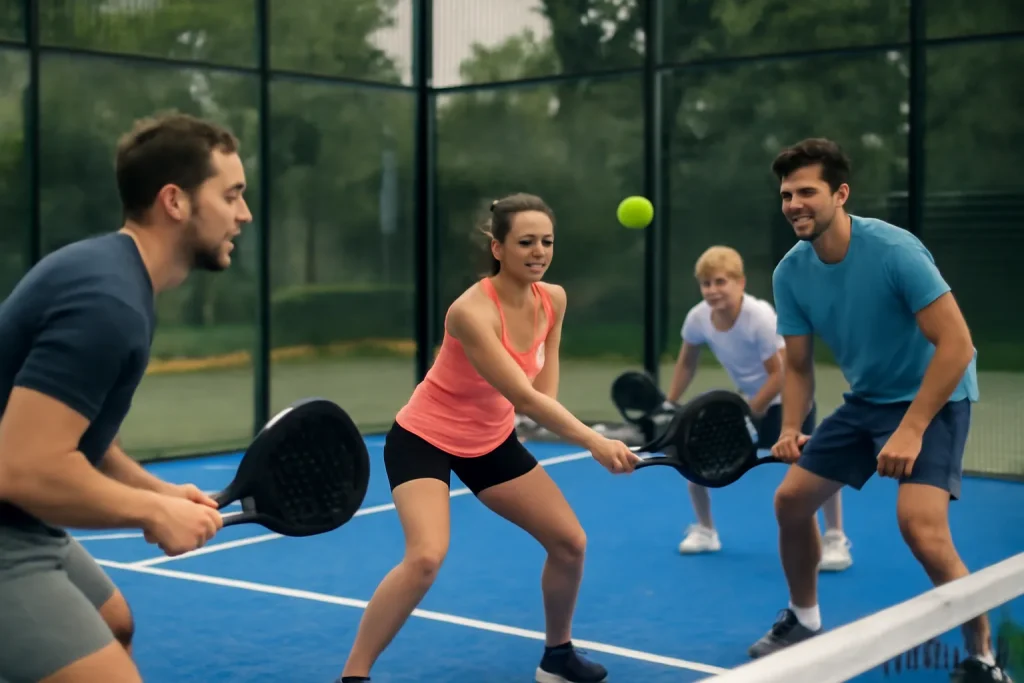 Padel doubles match on an enclosed glass court