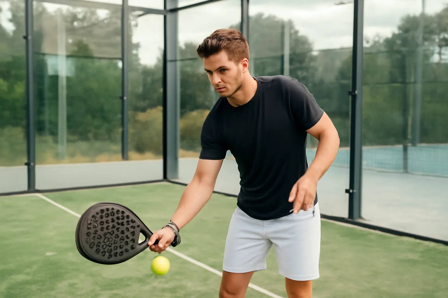 Padel player making an underarm serve behind the service line